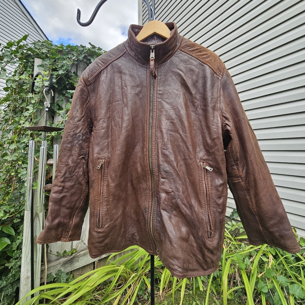 Andrew Marc New York Mens Chocolate Brown Soft Leather Bomber Aviator Jacket L